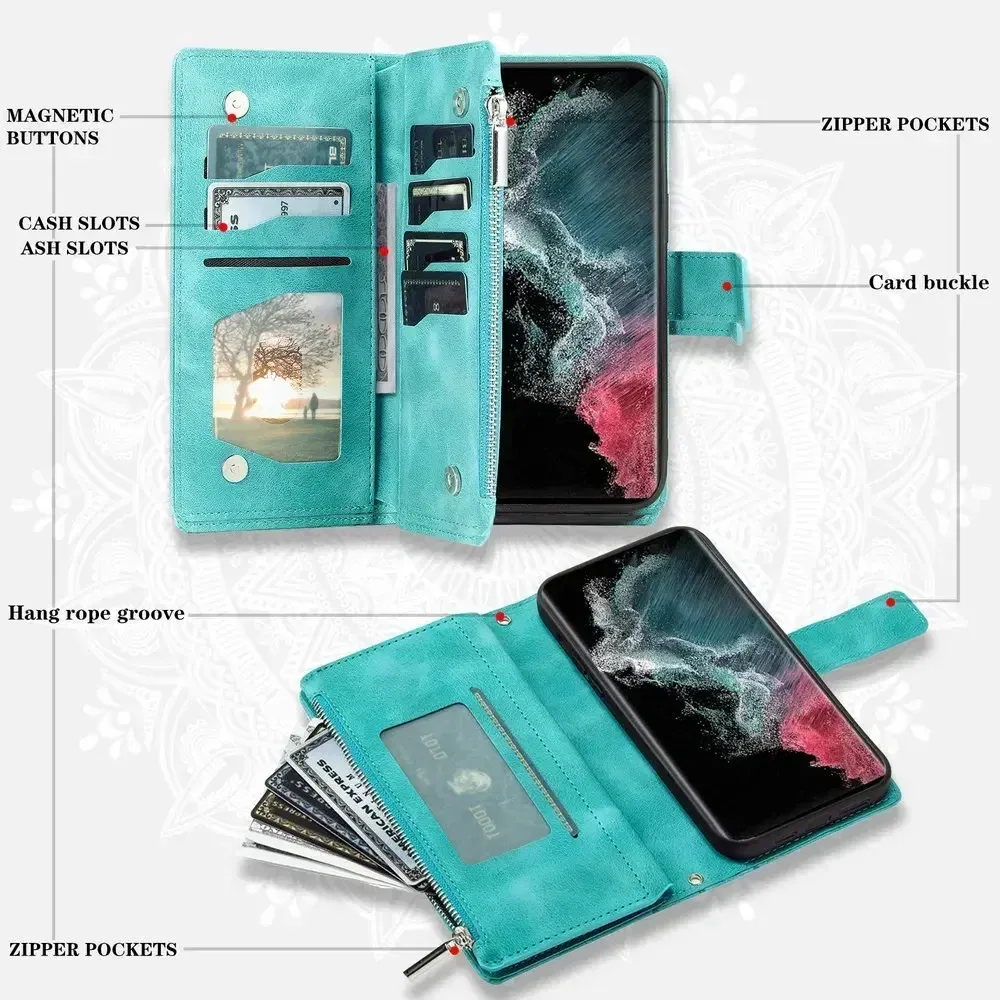 Color: Blue, Material: Artificial Leather - S24 Ultra S23 Plus S 22 CrossBody Strap Zipper Wallet Case for Samsung Galaxy S22 S23 FE S21 S20 23 24 Ultra Note 20 Book Cover