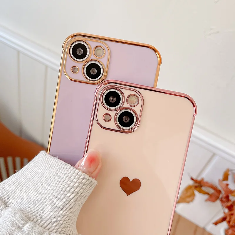 Color: Blue, Ships From: CN, Material: PE - Electroplating Side Love Heart Phone Case For IPhone 16 15 14 13 12 11 Pro Max XR 8 Plus SE2/SE3 Shockproof Back Cover