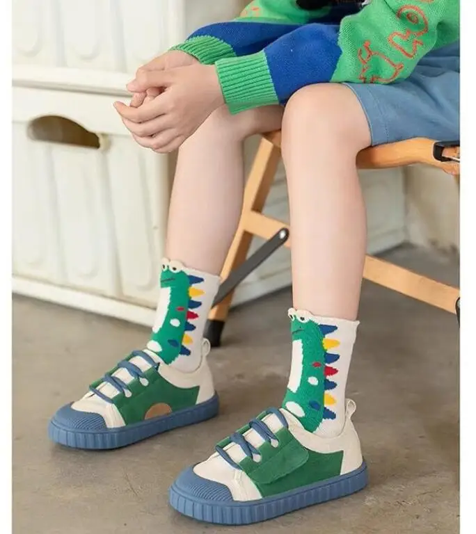 Color: Beige, Size: 2-3T - Children's Socks Autumn Boys Cartoon Dinosaur Socks 1-14T Kids Cotton Socks Student Sporty Socks 5 Pairs