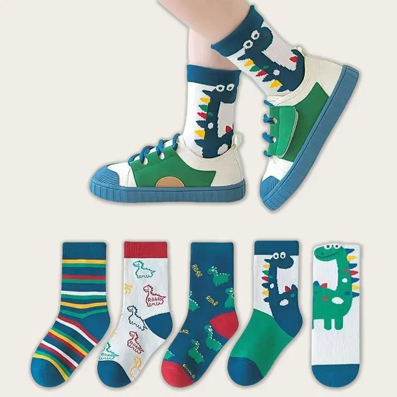 Color: Beige, Size: 2-3T - Children's Socks Autumn Boys Cartoon Dinosaur Socks 1-14T Kids Cotton Socks Student Sporty Socks 5 Pairs