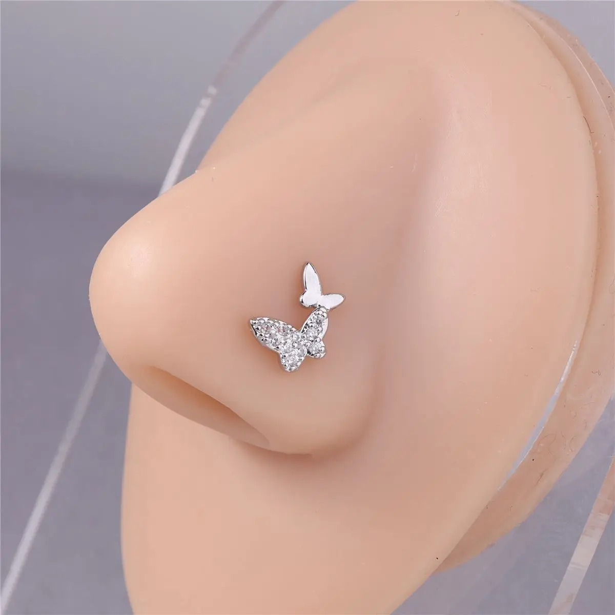Metal color: Silver - 20G L Shaped Nose Studs CZ Cute Butterfly Design Gold Silver Color Nose Piercing for Women Girl Nostril Jewelry