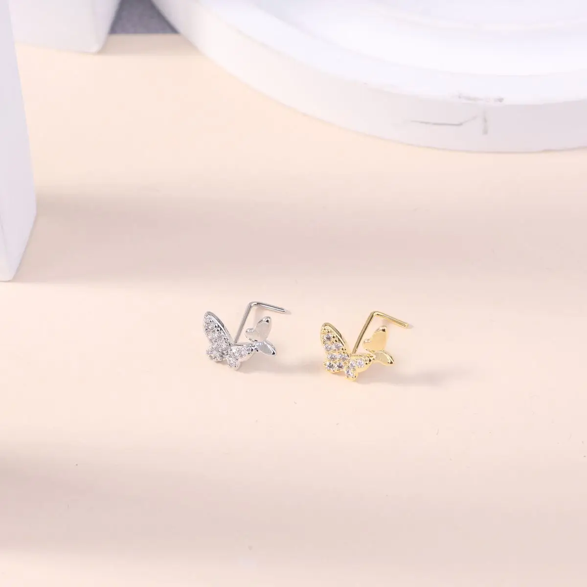 Metal color: Silver - 20G L Shaped Nose Studs CZ Cute Butterfly Design Gold Silver Color Nose Piercing for Women Girl Nostril Jewelry