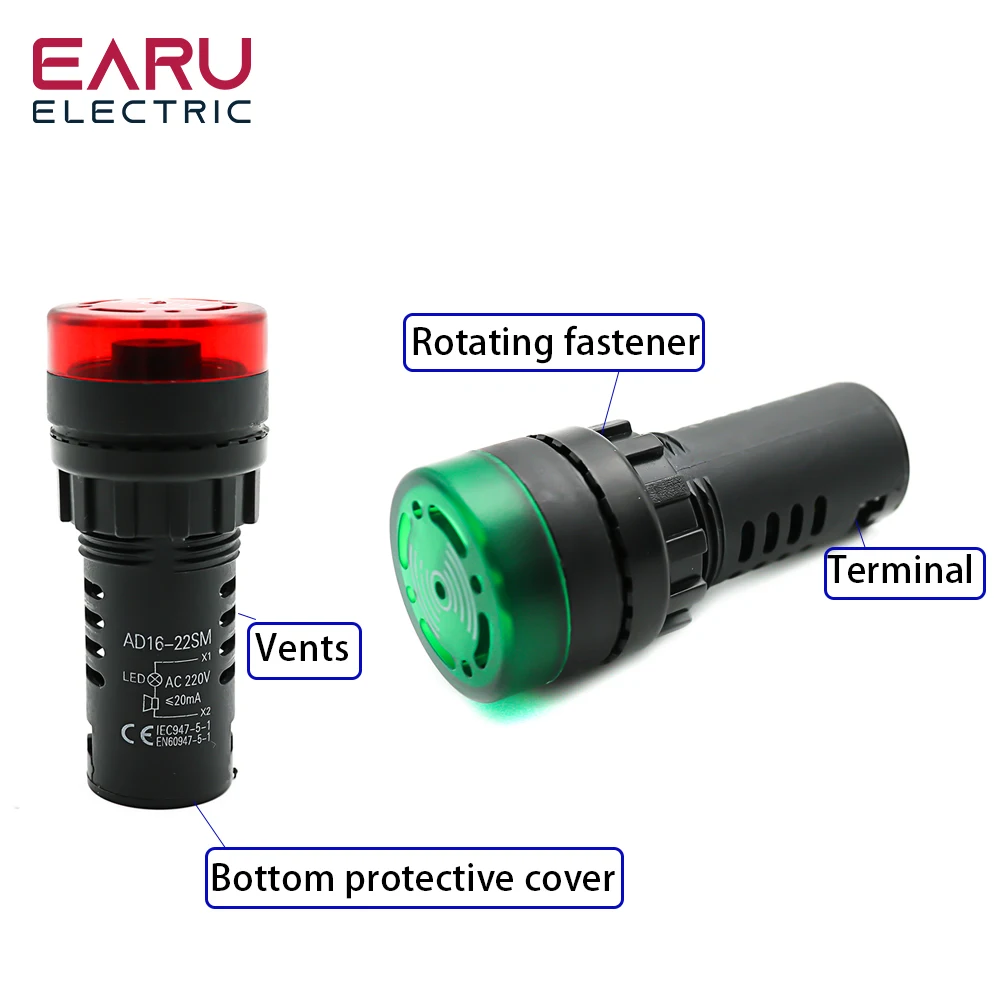 Color: Dark Grey - AD16-22SM 22mm Panel Diameter AC 12V 24V 110V 220V Flash Signal Light Red LED Active Buzzer Beep Alarm Indicator Green Yellow