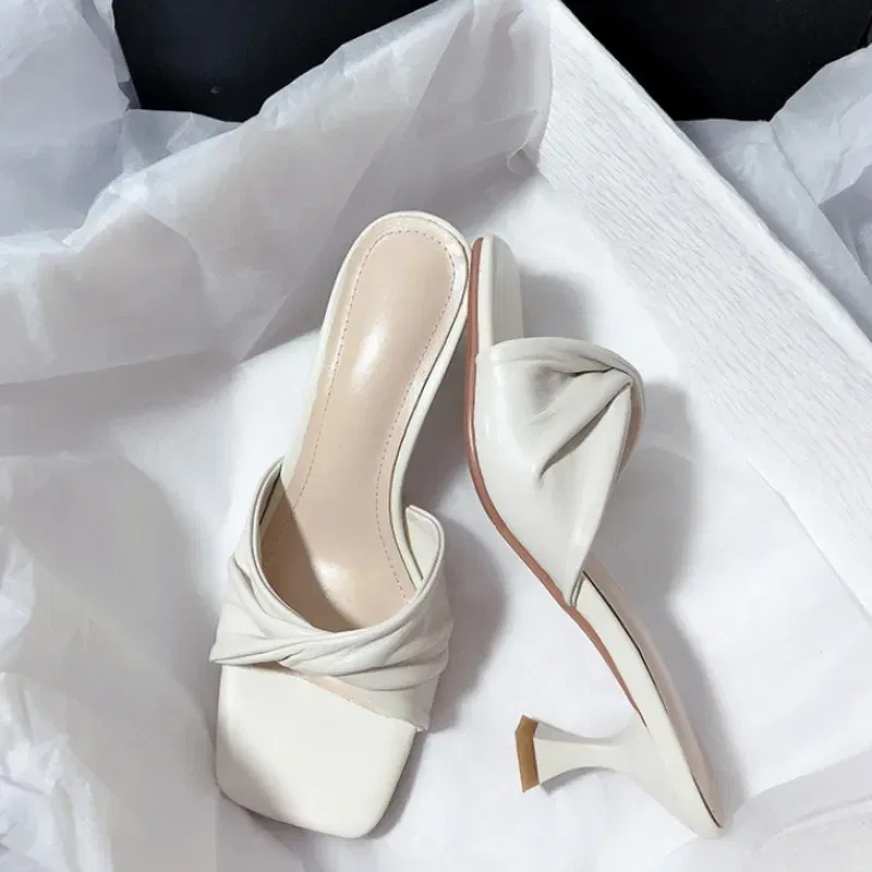 Color: light yellow, Shoe Size: 42 - Fashion Summer Women Shoes New Handmade Square Open Toe High Heels Outdoor Fashion Slippers Apricot Off White