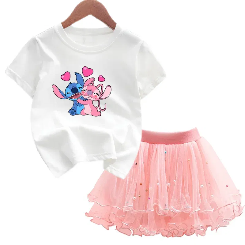 Color: Blue, Kid Size: 3T - 2pcs Lilo Stitch Summer Girls Outfits Cartoon T-shirt and Tutu Skirt Princess Clothes Suit Children Birthday Clothing Sets
