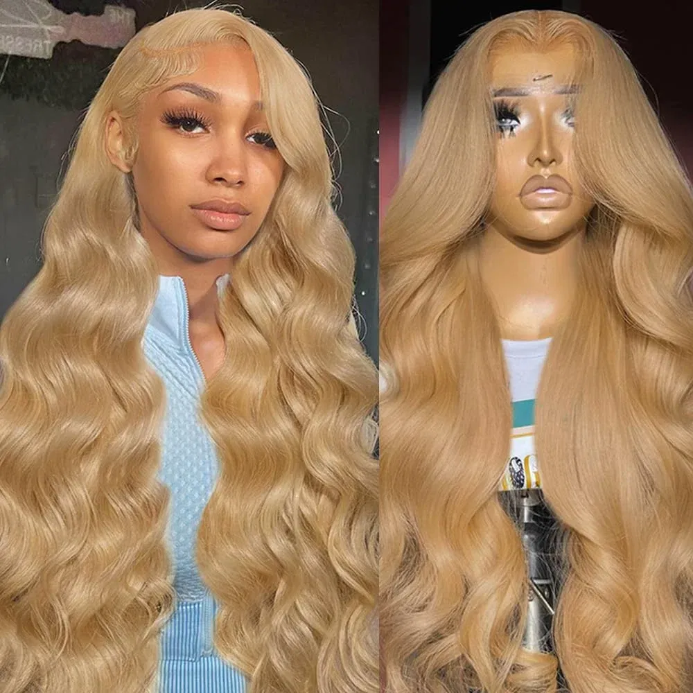, Stretched Length: 20inches, Density: 230%, Lace Size: 4x4 - 13x6 HD Honey Blonde Body Wave Lace Front Wig for Women Pre-Plucked Transparent Lace Frontal Colored #27 Human Hair Wig on Sale