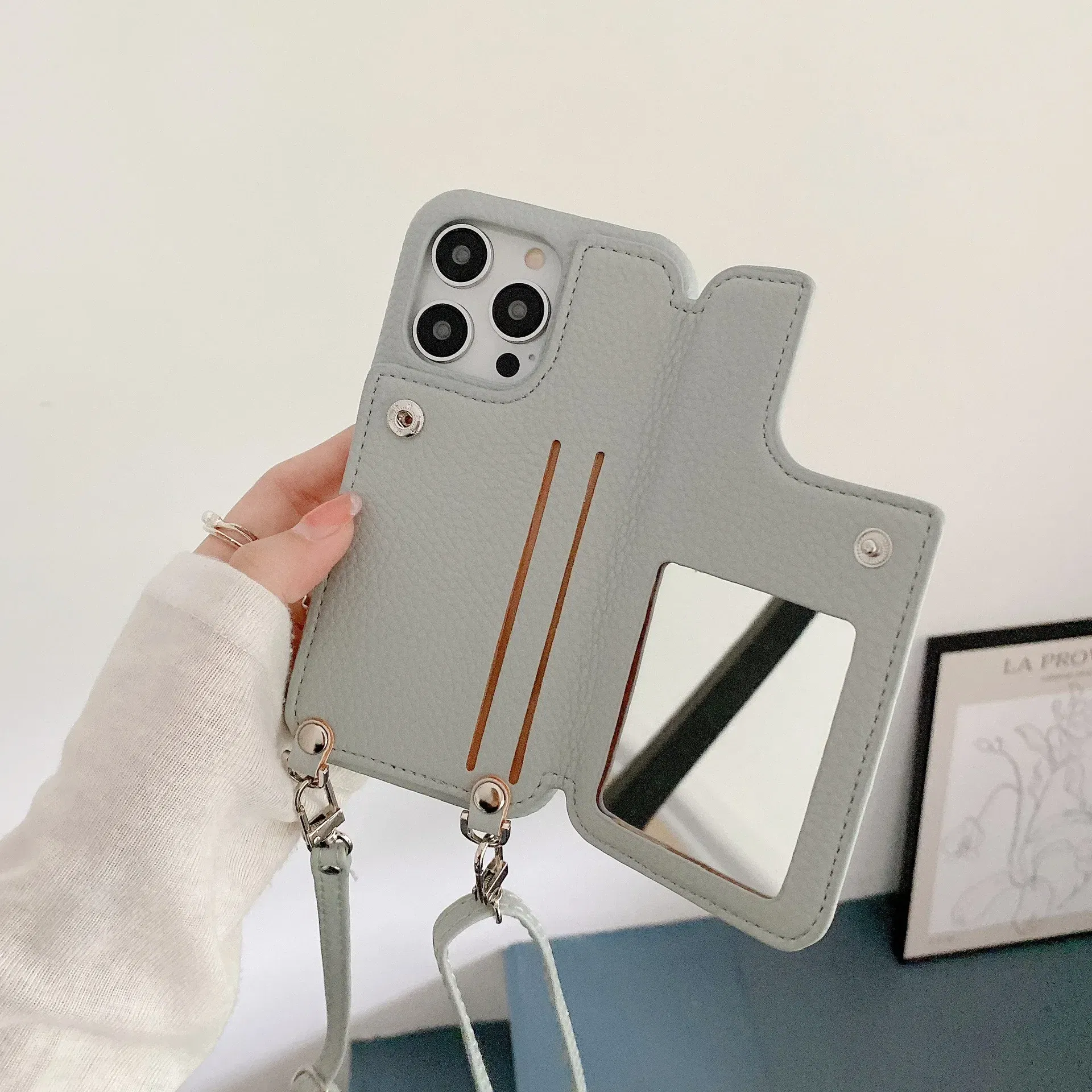 Material: Denim, Color: Beige - Zipper Wallet Makeup Mirror Crossbody Lanyard Case For iPhone 16 15 14 Pro Max 13 12 11 XR XS 7 8 Plus Card Slot Leather Cover