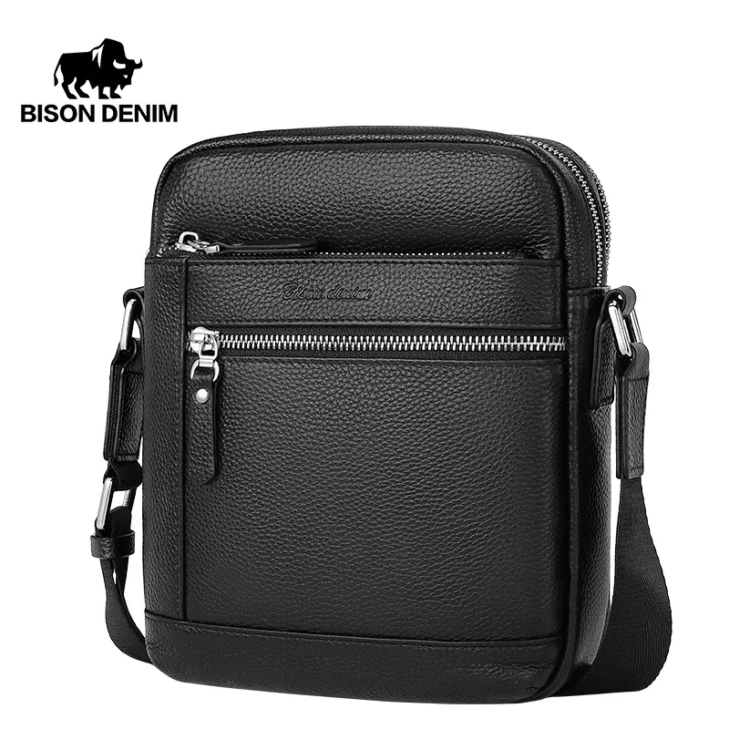 Color: GRAY, Ships From: CN - BISON DENIM Classic Black Male Bag Genuine Leather Business Crossbody Bag iPad Mens Messenger Bag Casual bolsas male N2845