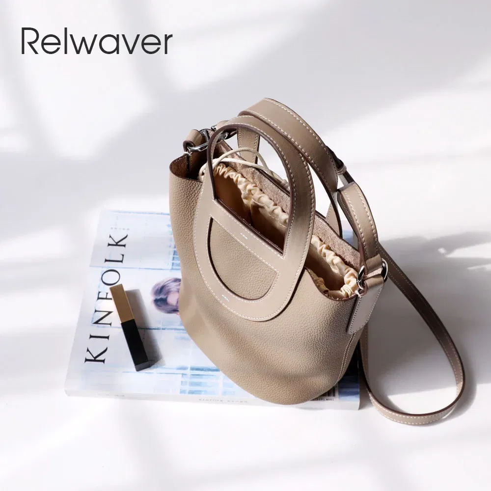 Relwaver genuine leather bags women 2023 spring summer bucket hand bag beige white grey small cow leather shoulder crossbody bag