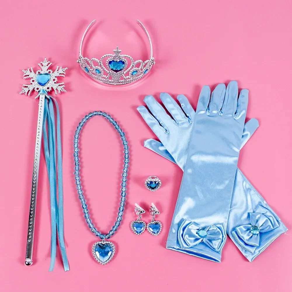Color: Yellow - Pincess Anna Elsa Cosply Accessories Crown Magic Wand Necklace Wig Gloves Frozen Snow White Belle Cinderella Princess Role Play