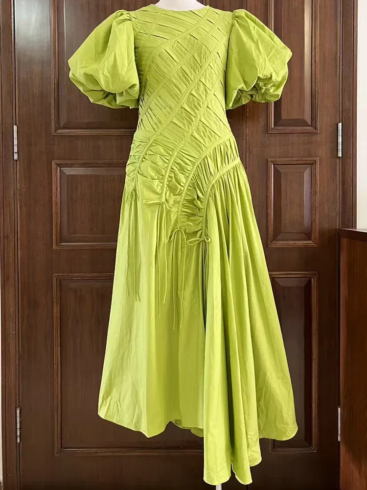 Color: black, Size: L - 2025 summer women's new round neck lantern short sleeve irregular stitching drawstring dress slim dinner temperament long dress