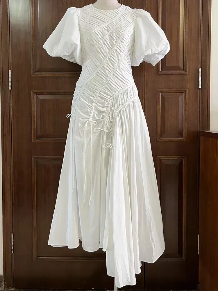 Color: black, Size: L - 2025 summer women's new round neck lantern short sleeve irregular stitching drawstring dress slim dinner temperament long dress