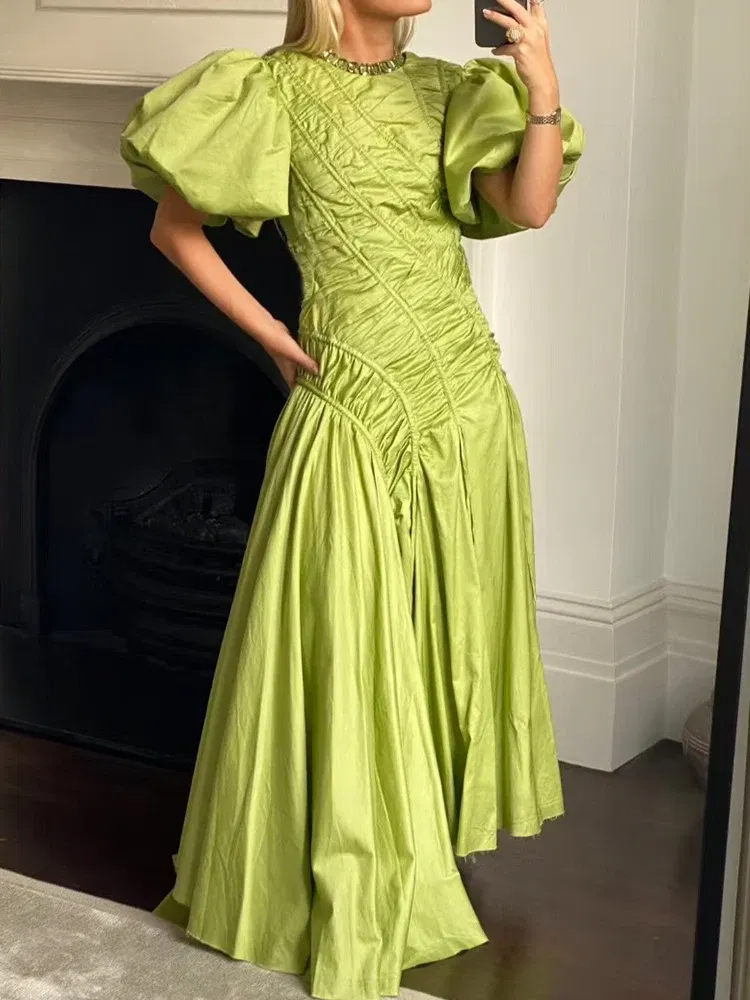 Color: black, Size: L - 2025 summer women's new round neck lantern short sleeve irregular stitching drawstring dress slim dinner temperament long dress