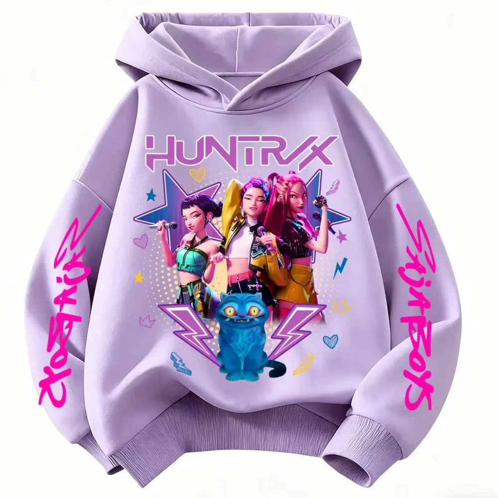 Color: GRAY, Kid Size: 4 - Cartoon Hoodie for Boys and Girls KPop Demon Hunter Rumi Derpy Warm and Thick, Fashionable Casual Top, Printed Purple Sweatshirt