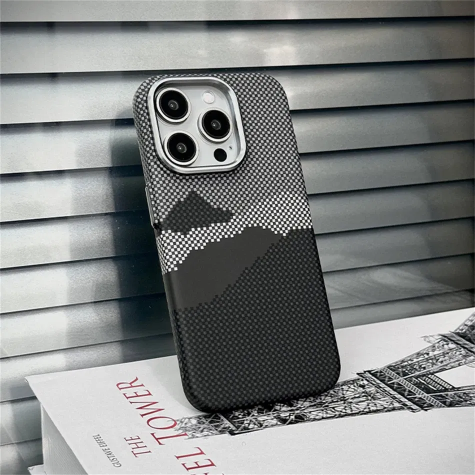Color: Beige, Material: Plastic - Luxury Alloy Lens 3D Relief Peak Carbon Fibre Pattern Case For iPhone 13 14 15 16 Pro Max Slim Shockproof PC Cover For Magsafe