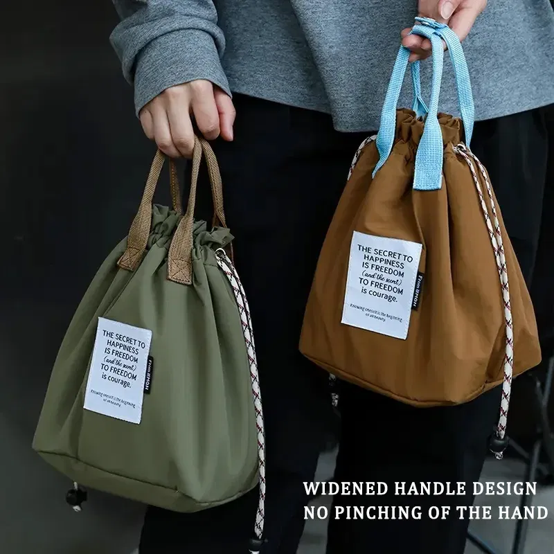 Color: Beige - Large Capacity Waterproof Lunch Bag with Drawstring Closure Thick Insulation Cooler Bento Bag for Picnic Work Student Handle Bag