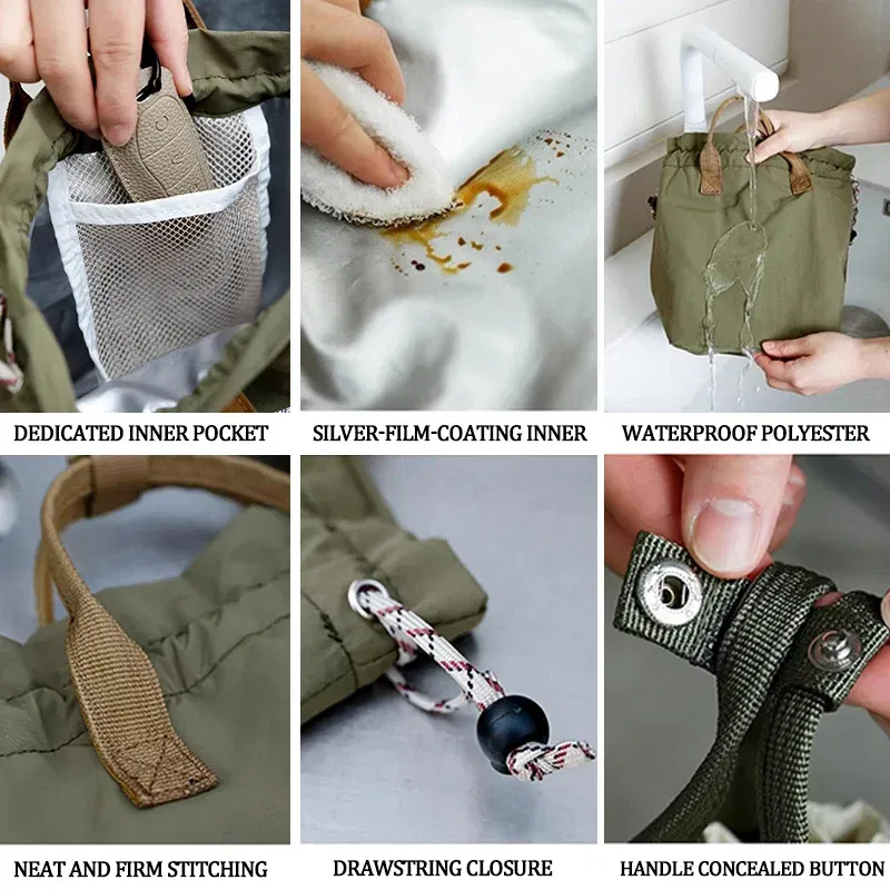 Color: Beige - Large Capacity Waterproof Lunch Bag with Drawstring Closure Thick Insulation Cooler Bento Bag for Picnic Work Student Handle Bag