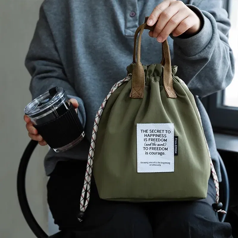 Color: Beige - Large Capacity Waterproof Lunch Bag with Drawstring Closure Thick Insulation Cooler Bento Bag for Picnic Work Student Handle Bag