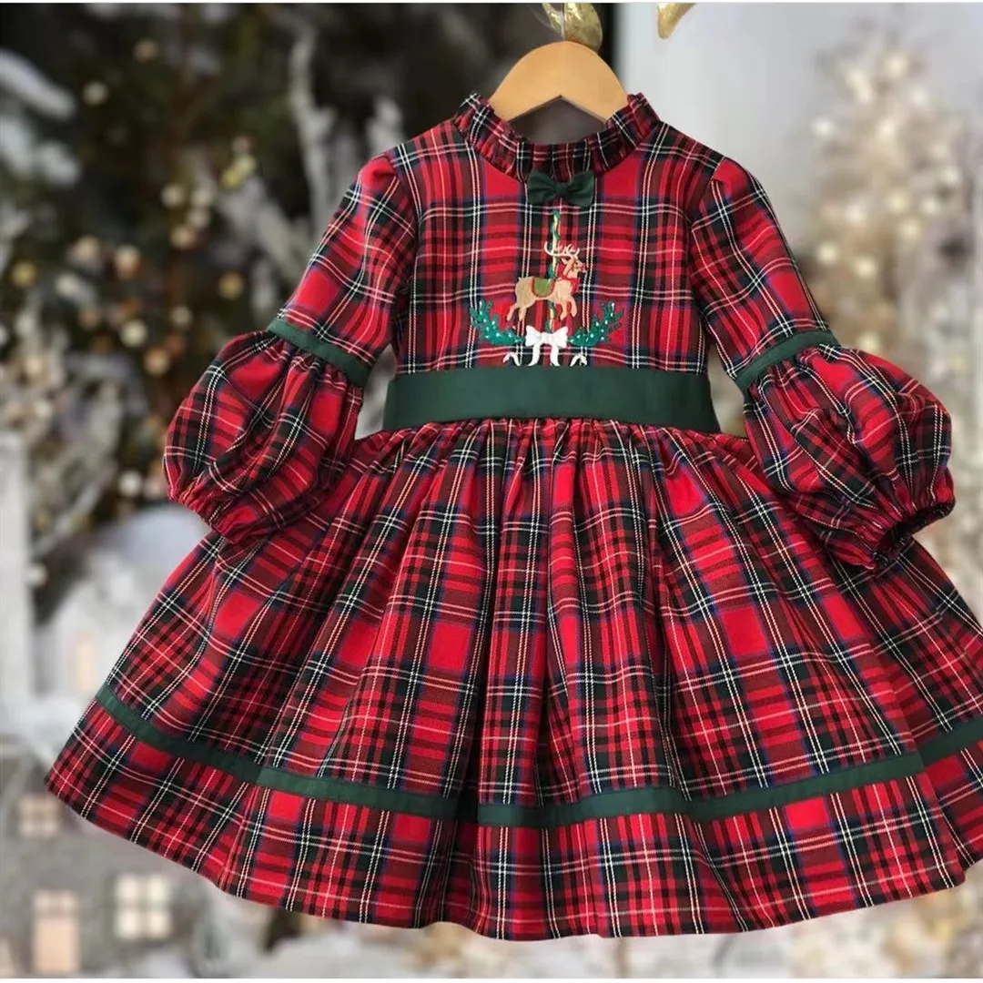 Kid Size: 6 - Baby Girl Autumn Winter Red Plaid Deer Embroidery Vintage Spanish Turkish Princess Ball Gown Dress for Eid Causal Christmas C263