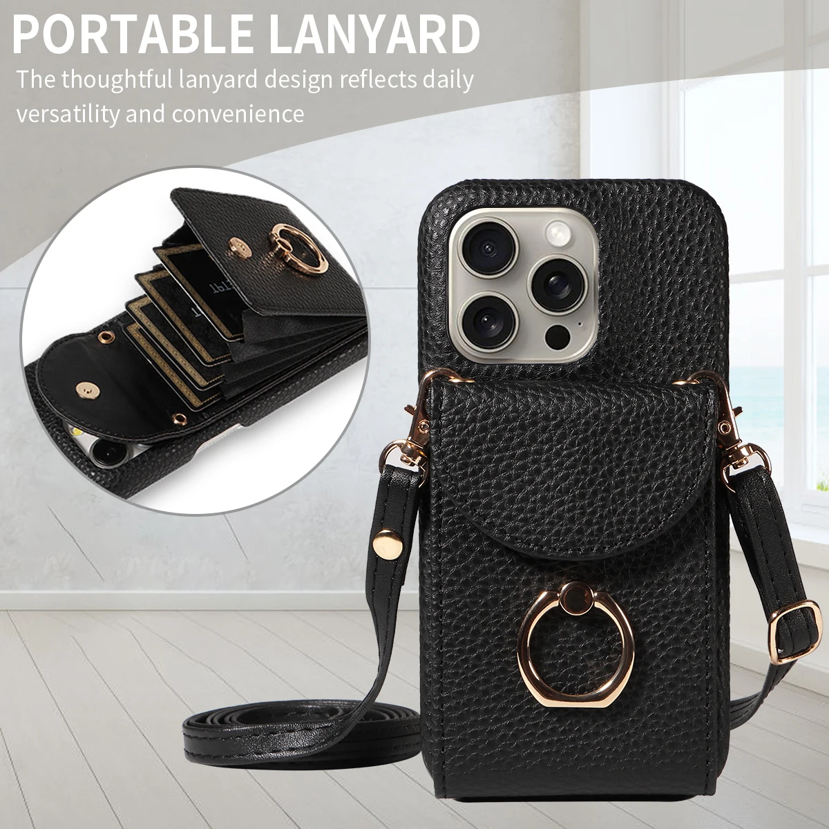 Color: Gold, Compatible-Phone Models: For iPhone 14 Pro Max, Bundle: Case & Strap, Material: Artificial Leather - High Quality Ring Stand Lychee Pattern Phone Case for IPhone16promax15 14 13 Crossbody with Lanyard PU Leather Anti-fall Cover