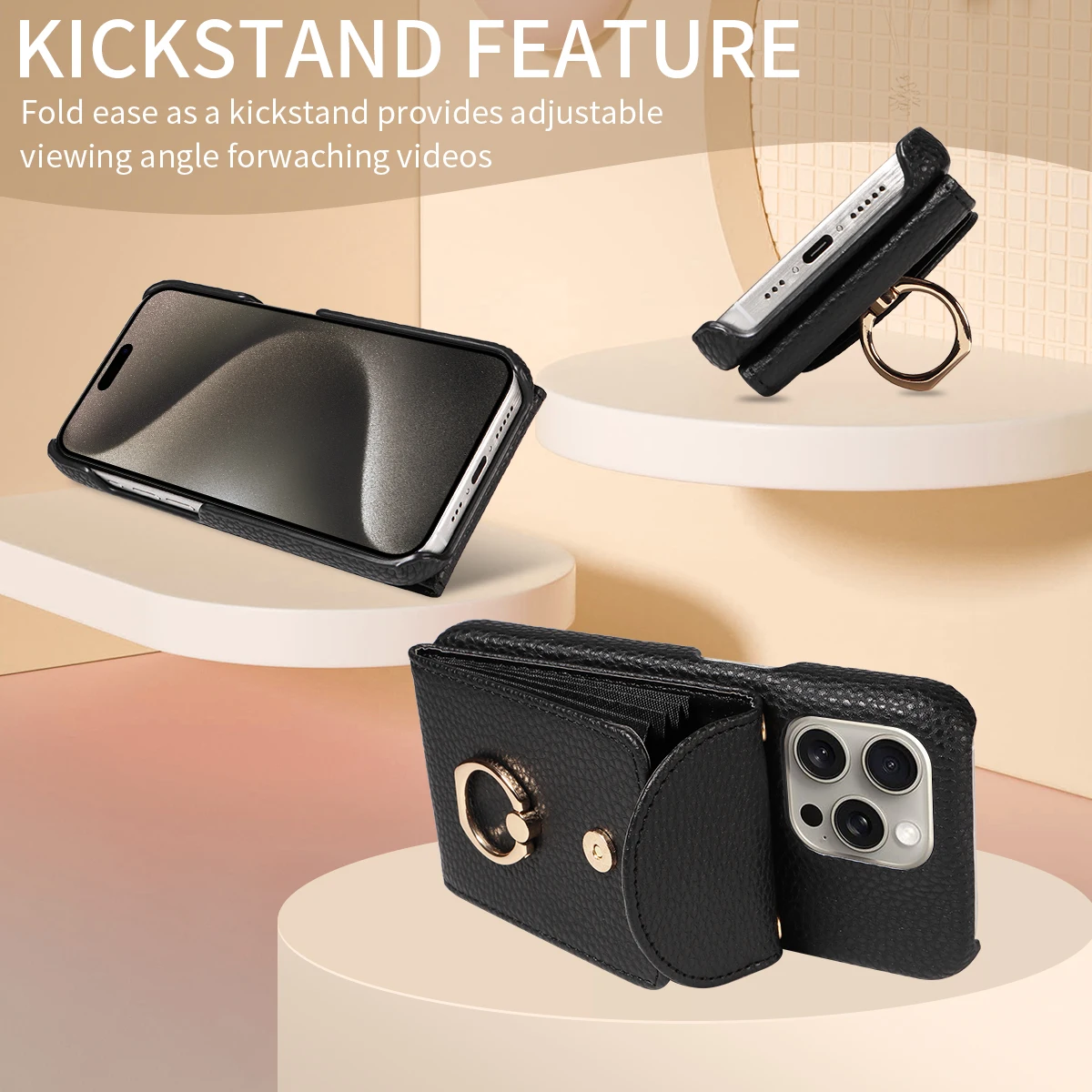 Color: Gold, Compatible-Phone Models: For iPhone 14 Pro Max, Bundle: Case & Strap, Material: Artificial Leather - High Quality Ring Stand Lychee Pattern Phone Case for IPhone16promax15 14 13 Crossbody with Lanyard PU Leather Anti-fall Cover