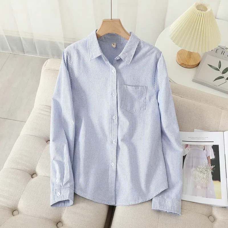 Color: Ivory, Size: S - Women's Casual Cotton Oxford Shirt 2023 New Woman Striped Blouse and Tops Simple Solid Lady White Blue Shirts Clothes