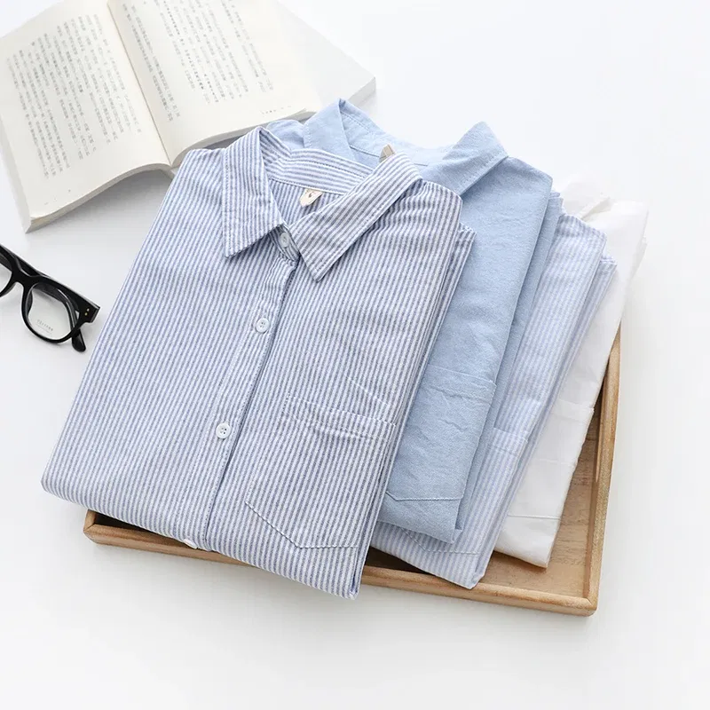 Color: Ivory, Size: S - Women's Casual Cotton Oxford Shirt 2023 New Woman Striped Blouse and Tops Simple Solid Lady White Blue Shirts Clothes