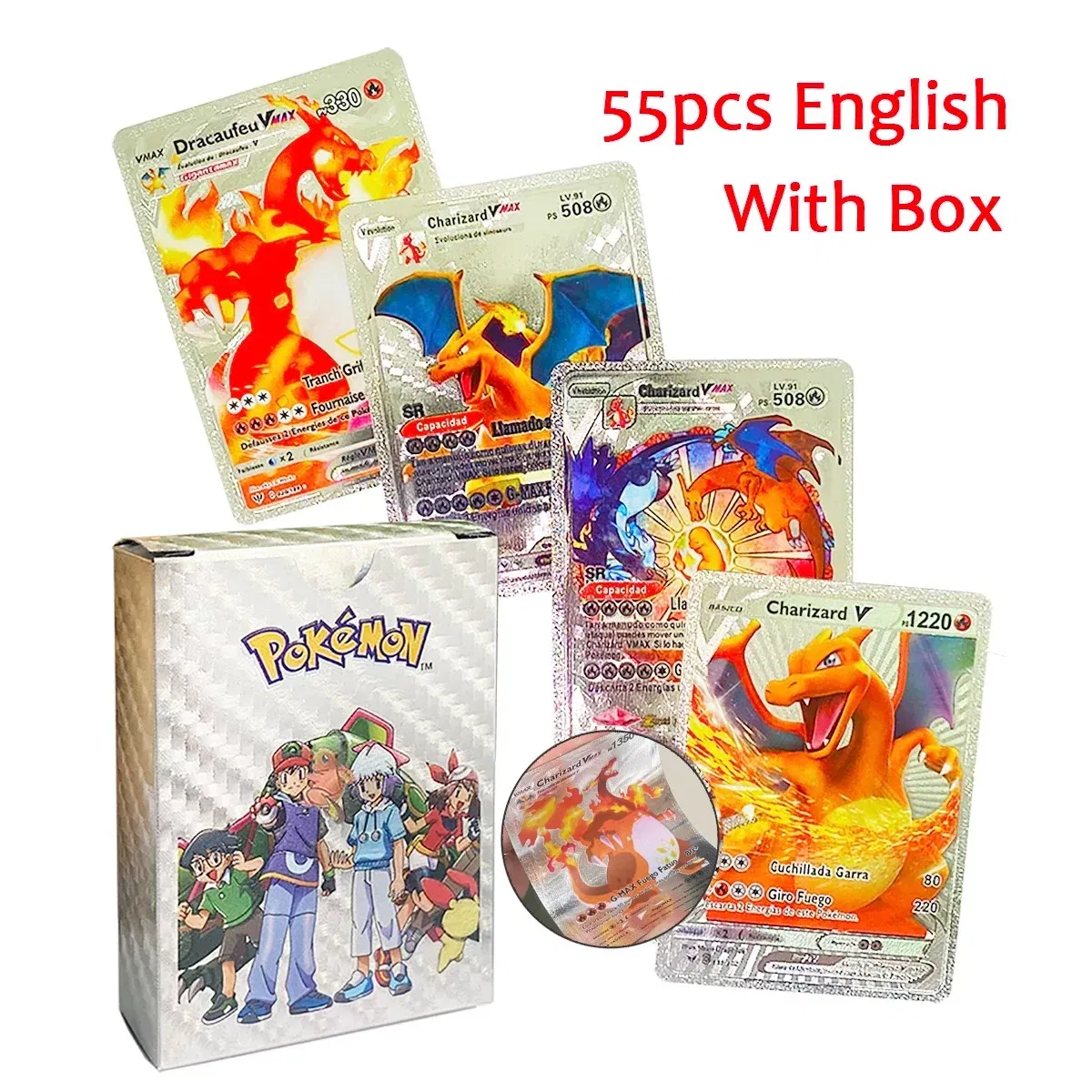 Color: army green - 55PCS Pokemon Colorful Gold Foil Card Charizard Pikachu Arceus Diamond Rainbow English French German Spanish VSTAR GX VMAX Cards