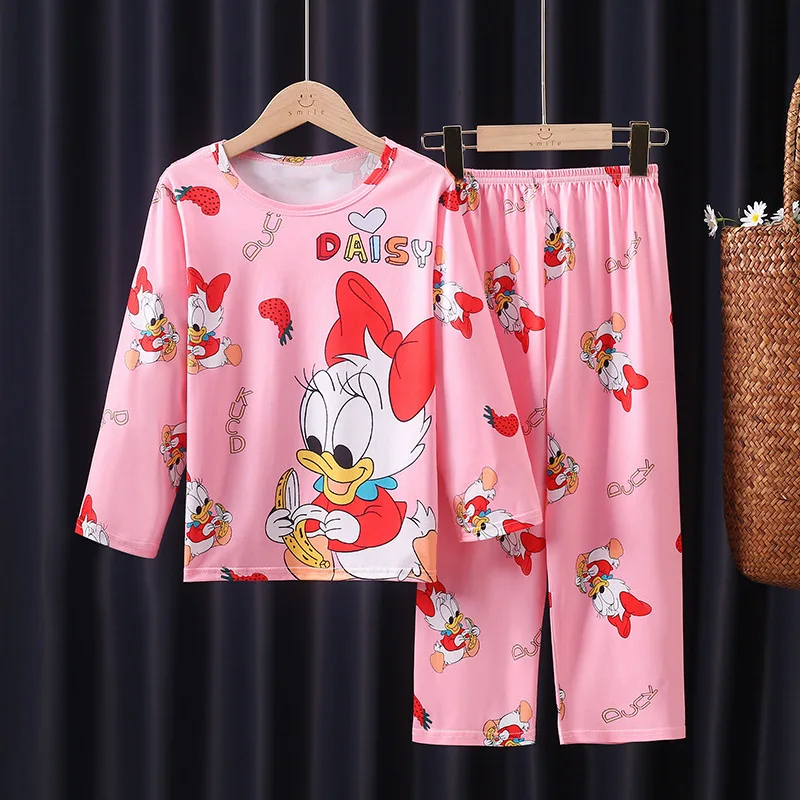 Color: Gold, Kid Size: 18m - 2pcs/set New Children Pyjamas Minnie Elsa Duck Cartoon Girls Sets Kid Home Wear boys and girls Travel Casual Sleepwear Suit