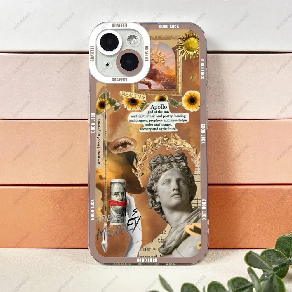 Color: Gold, Material: Genuine leather - Aesthetic Statue Art Phone Case For iPhone 16 15 14 13 12 11 Pro Max XS X XR Plus Mini Luxury Transparent Soft Funda