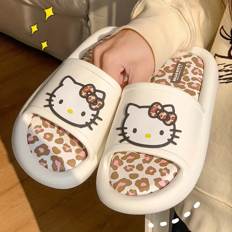 Color: Grape, Shoe Size: 36-37 - Miniso Hello Kitty Cute Leopard Print Slippers Trendy Open-Toe Slide Sandals in Chic Two-Tone Design Comfortable EVA Material