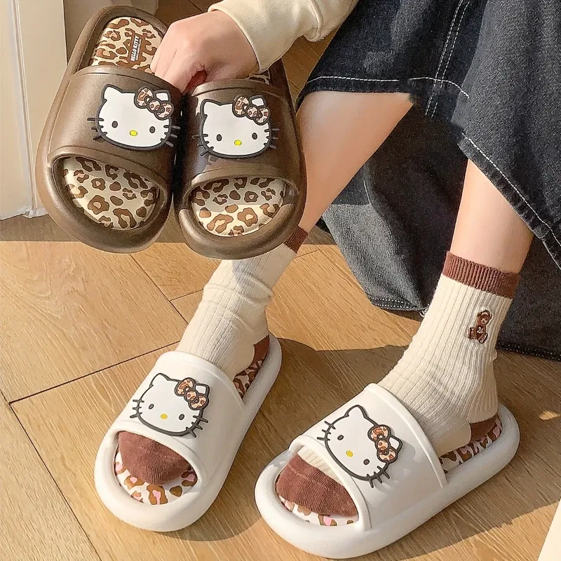Color: Grape, Shoe Size: 36-37 - Miniso Hello Kitty Cute Leopard Print Slippers Trendy Open-Toe Slide Sandals in Chic Two-Tone Design Comfortable EVA Material