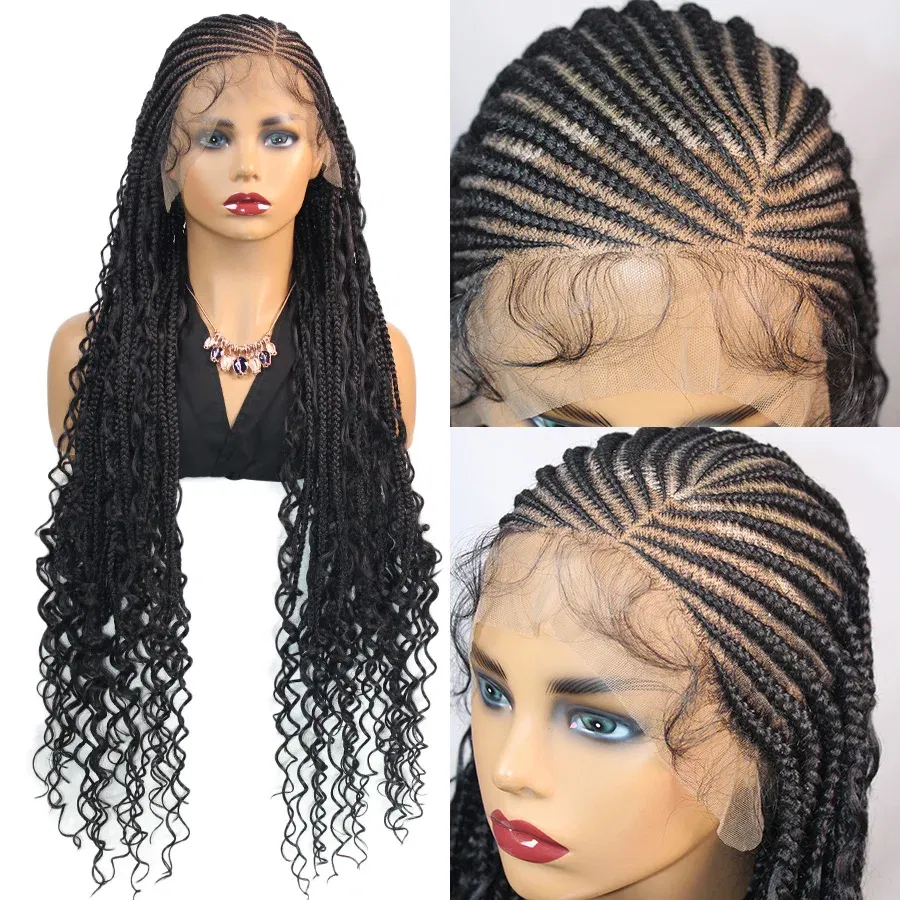 Color: 1B/30HL, Wig Length: 36inches, Lace Wig Type: full lace wigs - 36Inch Synthetic Boho Knotless Braided Wigs For Black Women Cornrows Box Braids Wigs With Curly Hair Ends Braided Full Lace Wigs