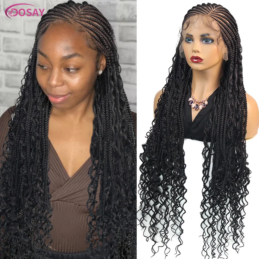 Color: 1B/30HL, Wig Length: 36inches, Lace Wig Type: full lace wigs - 36Inch Synthetic Boho Knotless Braided Wigs For Black Women Cornrows Box Braids Wigs With Curly Hair Ends Braided Full Lace Wigs