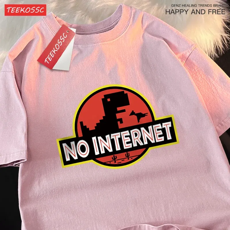 Color: Pink, Size: XXXL - No Internet Fun Little Dinosaur Short Sleeve Mens Cartoons Cotton Tshirt Summer High Quality Clothing Fashion Oversize T-Shirts