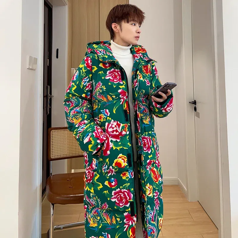 Color: black, Size: 5XL - Autumn Winter Chinese Style Cotton-Padded Jackets Men Vintage Quilted Coat Traditional Long Parkas Northeast Big Flower Coat