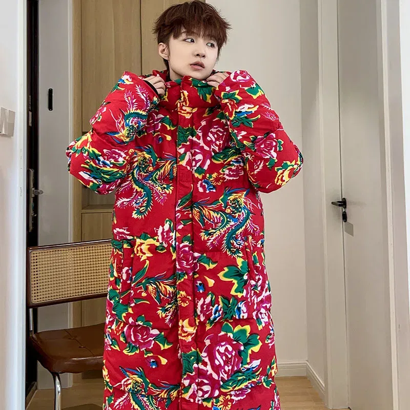 Color: black, Size: 5XL - Autumn Winter Chinese Style Cotton-Padded Jackets Men Vintage Quilted Coat Traditional Long Parkas Northeast Big Flower Coat