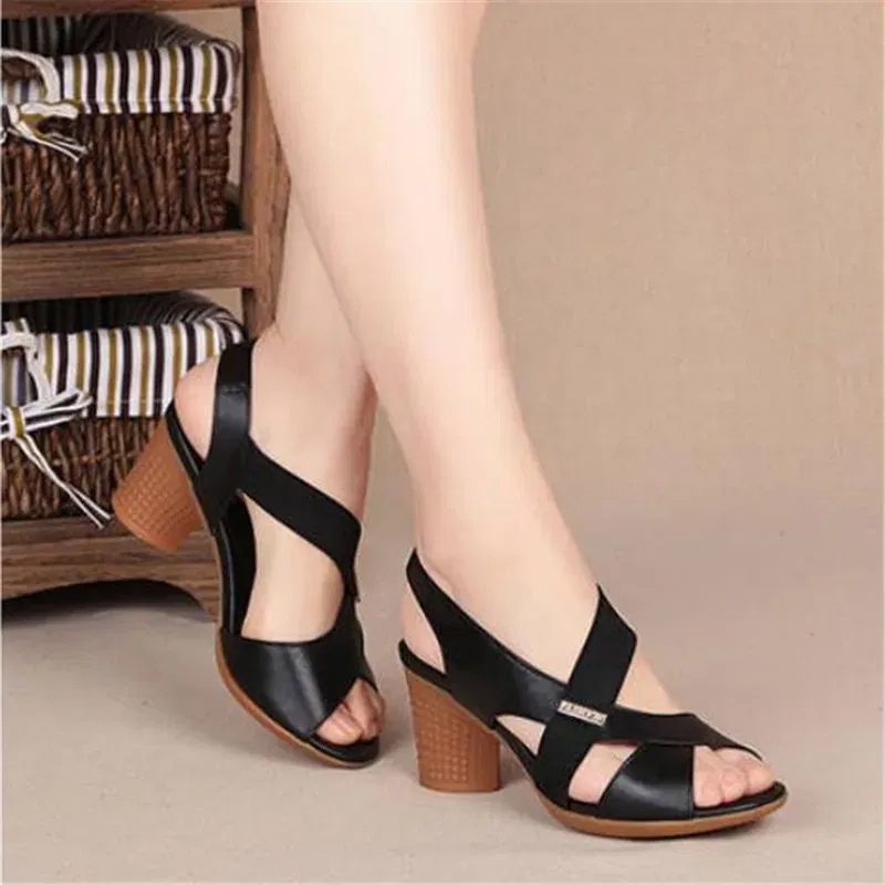 Color: black, Shoe Size: 40 - New Mid-heel Sandals Women Summer Shoes Comfortable High Heels Thick Heel Peep Toe Non-slip Soft Bottom Mother Shoes Slip-On