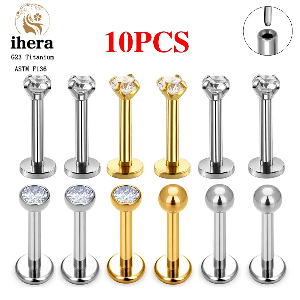 Metal color: Light Yellow Color, Ships From: CHINA, Main Stone Color: SKY BLUE - 10PCS G23 Titanium Lip Ring Labret Piercing Stud Earring CZ 16/18/20G Push Pin Ear Tragus Cartilage Helix Conch Pierc? Jewelry