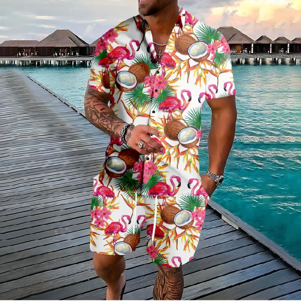 Color: Pink, Size: 5XL - Hawaiian Flamingo Coconut Tree 3d Print Short Sleeve Shirt+Shorts 2Pcs Set Casual Beachwear Vacation 2 Piece Suits Men Clothing