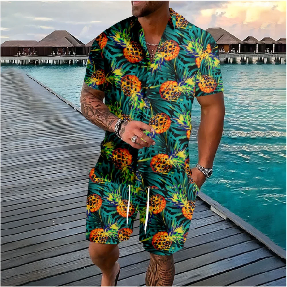 Color: Pink, Size: 5XL - Hawaiian Flamingo Coconut Tree 3d Print Short Sleeve Shirt+Shorts 2Pcs Set Casual Beachwear Vacation 2 Piece Suits Men Clothing