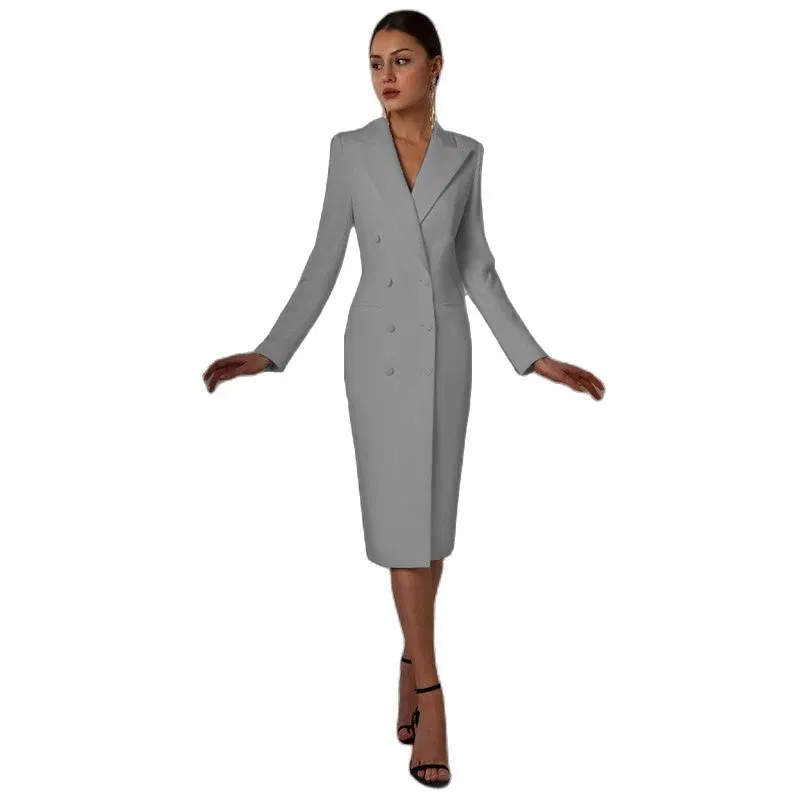 Color: GRAY, Size: M - Women's Suit Long Blazer Double Breasted Jacket White Tuxedo Party Point Lapel Clothes спор?‚ивн?‹й кос?‚юм ?¶?µнск