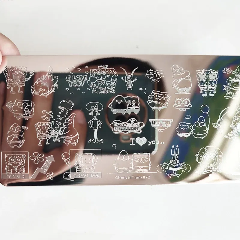 Color: Pink - Cute Cartoon Animal Nail Stamping Plates Cartoon Cat Mermaid Girl Gragon Brand Image Stainless Steel Stencil Nail Art Template