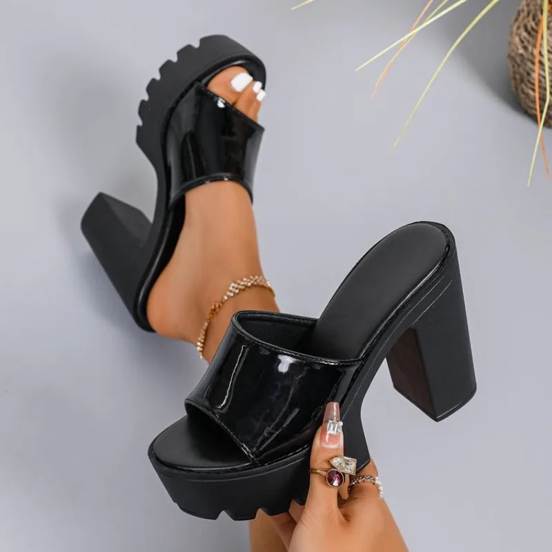 Color: wine red, Shoe Size: 36 - Square Heel Platform Mules Women Outdoor Slippers Peep Toe Slip On Sandals Chunky Heel Shoes Slingback