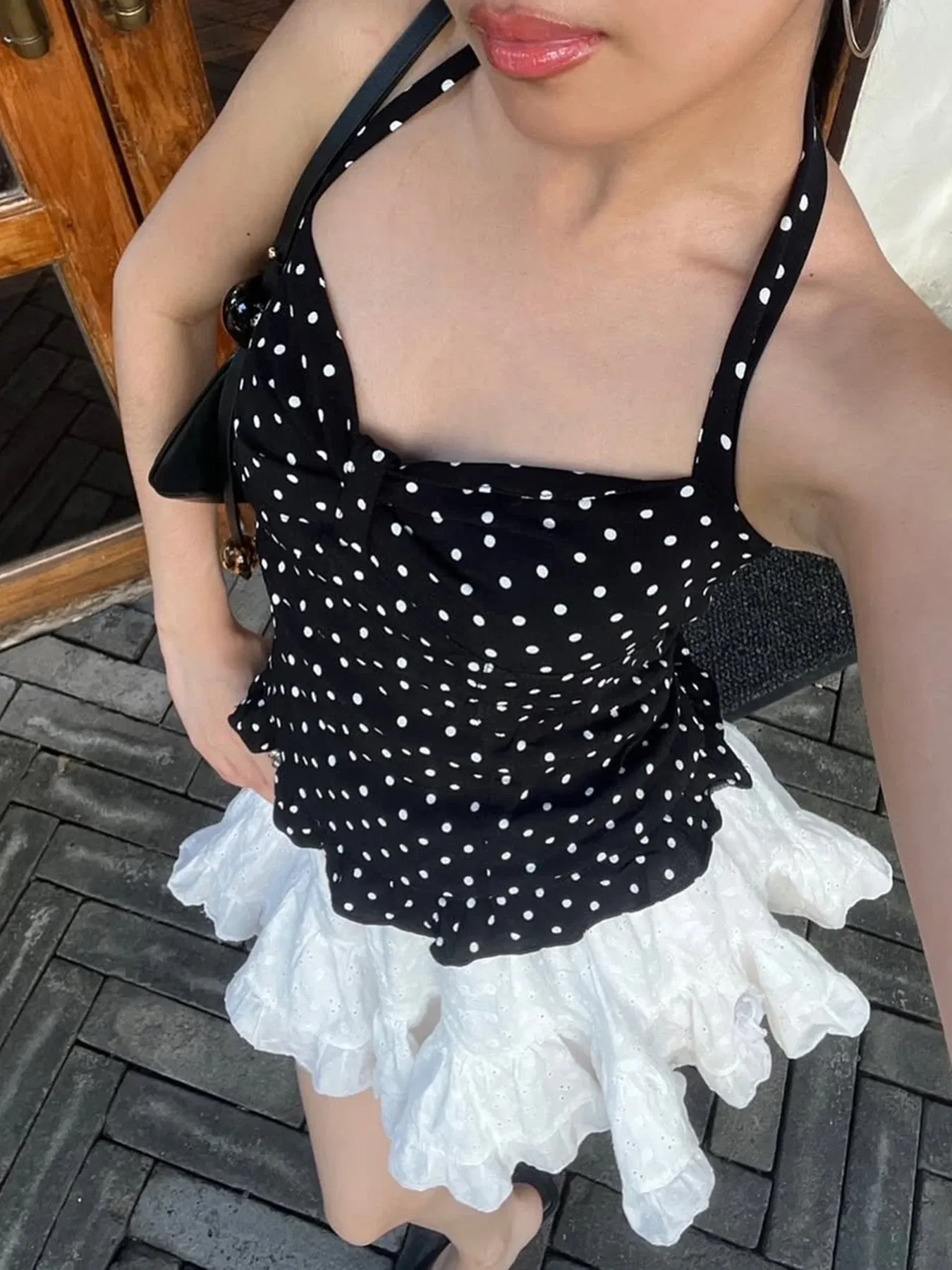 Color: WHITE, Size: S - Causal Cute Polka Dot Print Halter Women Tops Fashion Chic Simple Patchwork Summer New Slim Blouses