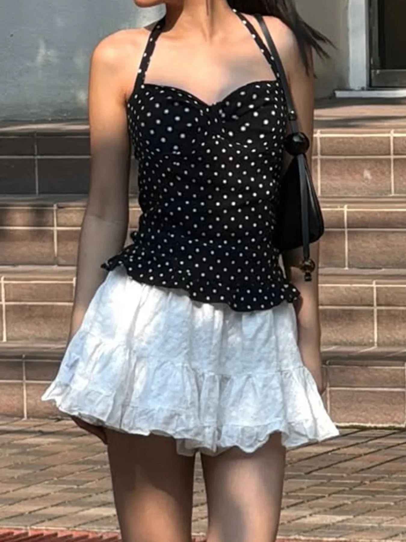 Color: WHITE, Size: S - Causal Cute Polka Dot Print Halter Women Tops Fashion Chic Simple Patchwork Summer New Slim Blouses