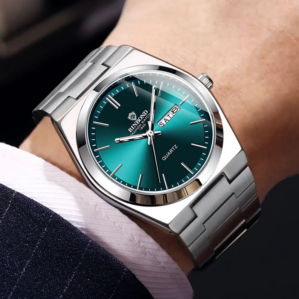 Color: Silver - UTHAI Men Watch Light Luxury Brand Stainless Steel Double Calendar Waterproof Male Business Leisure Fashion Quartz Clock Watches