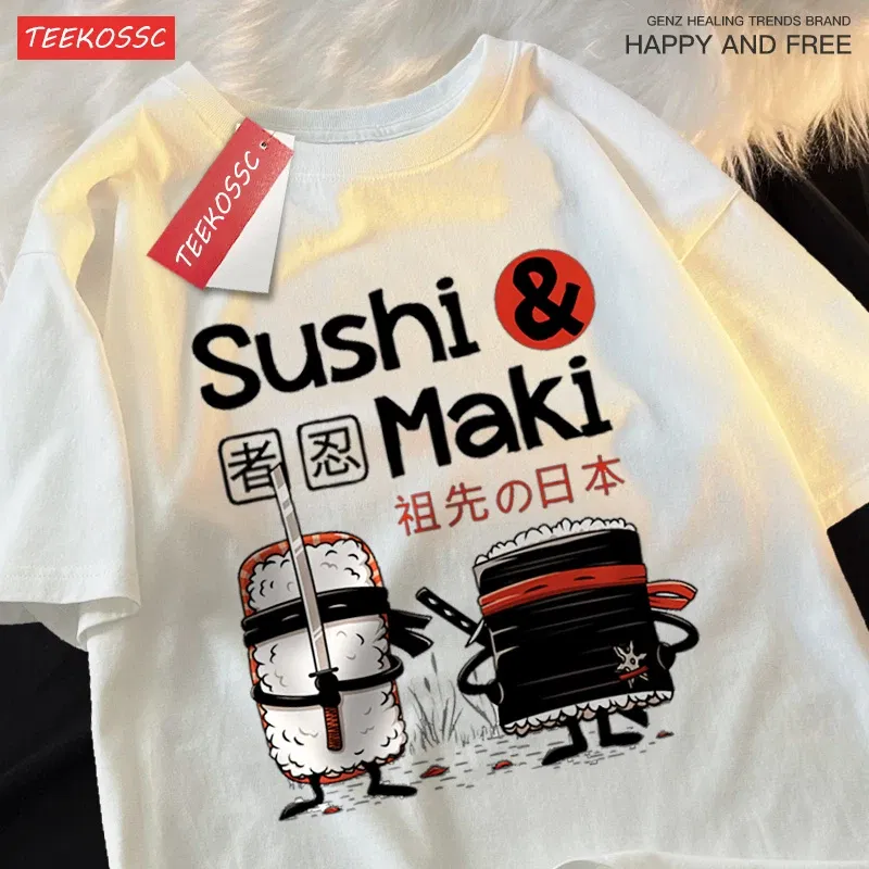 Color: Blue, Size: L - Theduc Sushi And Sushi Printing Men Women Tshirt Cotton T-Shirts Loose T Shirt Crewneck Loose Tops Fashion Clothes Unisex
