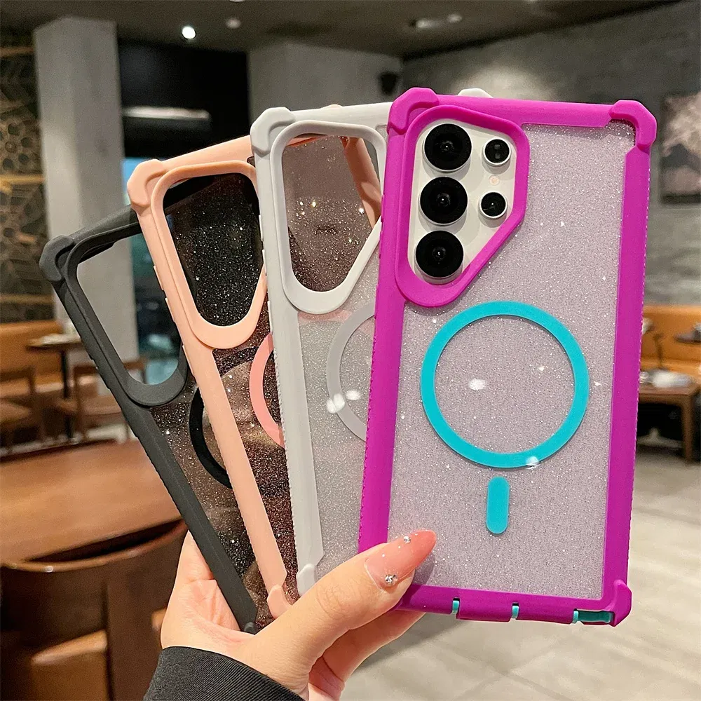 Color: black, Compatibility by Model: Galaxy S25+ - For Magsafe Clear Armor Bumper Glitter Phone Case For Samsung S25 Ultra S24 Plus Wireless Charging Shockproof Protective Cover