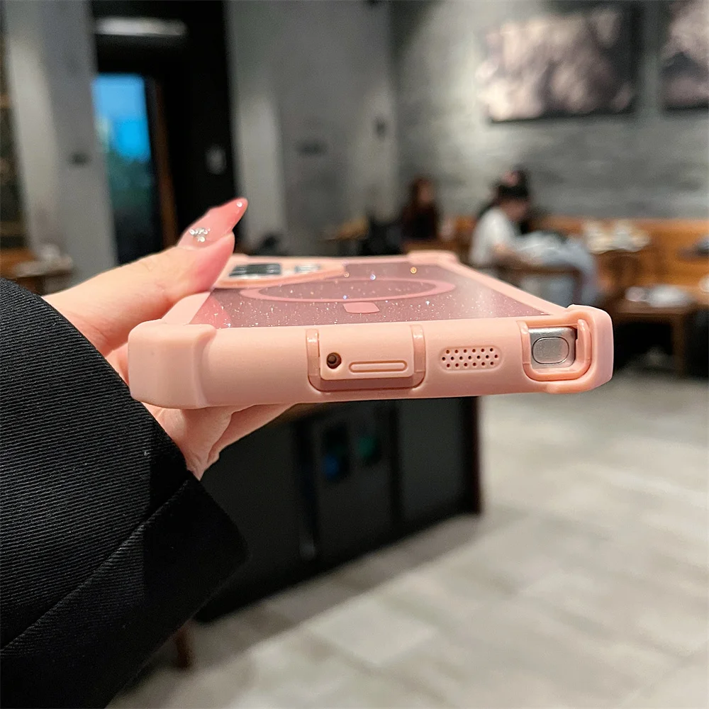 Color: black, Compatibility by Model: Galaxy S25+ - For Magsafe Clear Armor Bumper Glitter Phone Case For Samsung S25 Ultra S24 Plus Wireless Charging Shockproof Protective Cover